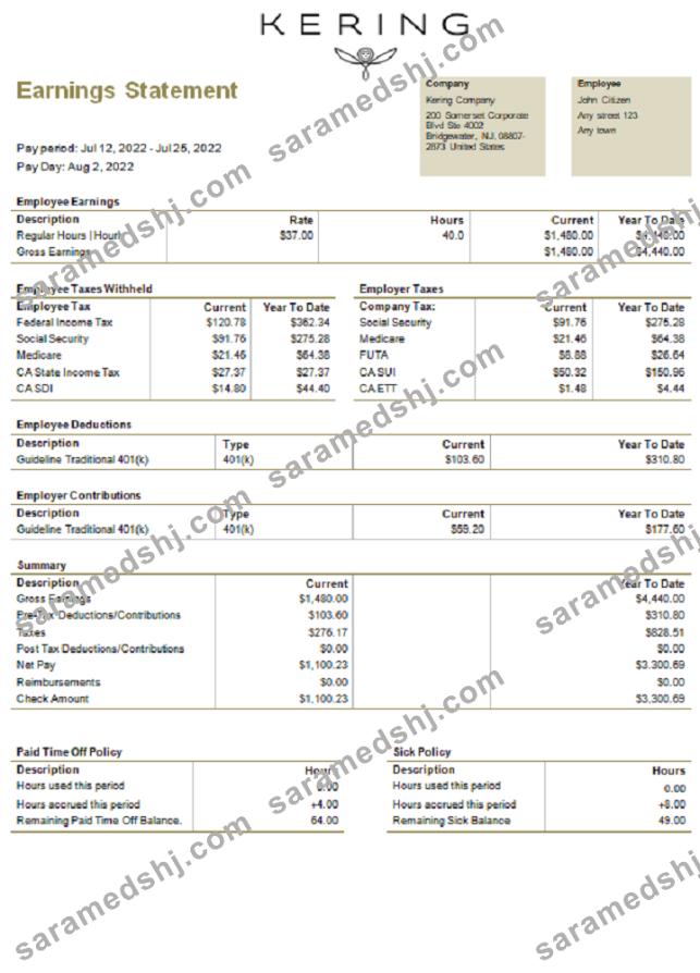 USA Kering luxury goods company pay stub